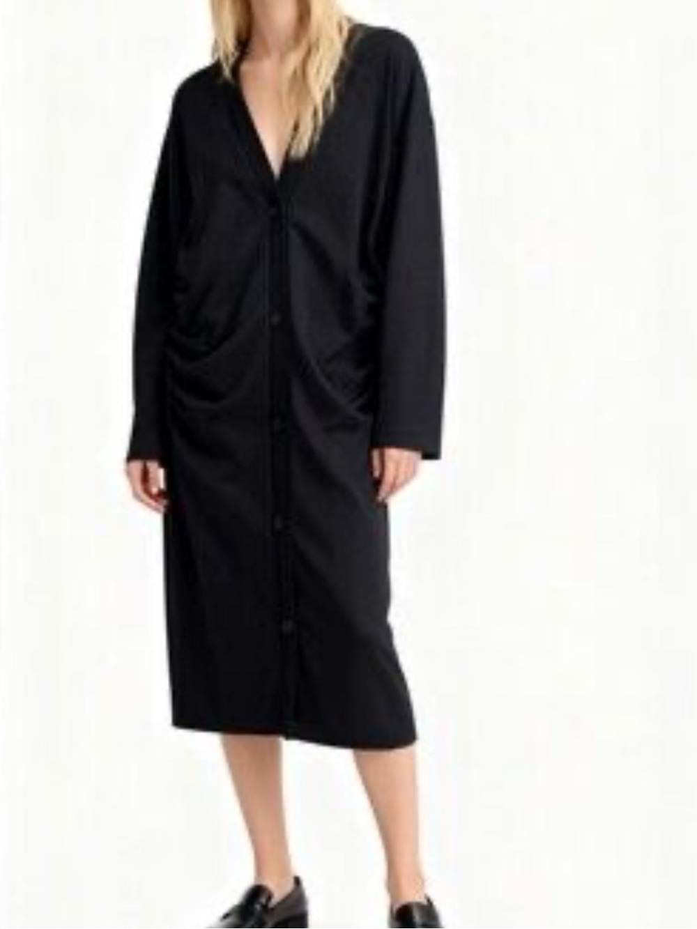 Zara Womens Small Black Gathered Ruched Long Cardigan Minimalist Capsule Fall